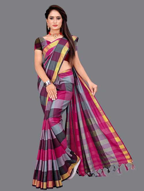women's checks multi colored saree with blouse - 18376643 - Very Small Image - 1