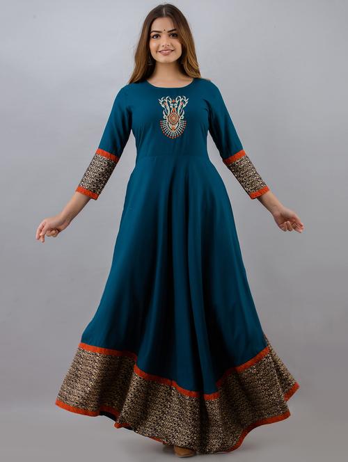blue rayon flared kurta - 18377010 - Very Small Image - 1