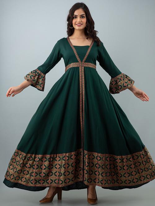 green rayon flared kurta - 18377012 - Very Small Image - 1