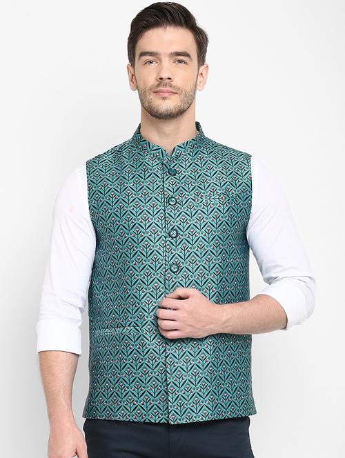 green printed nehru jacket - 18377252 - Very Small Image - 1
