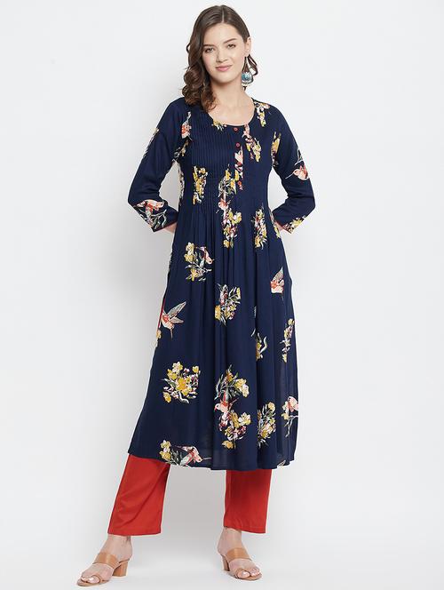 navy printed straight kurta - 18381036 - Very Small Image - 1