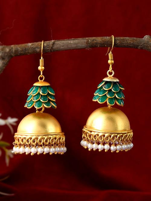gold brass jhumka earring - 18381377 - Very Small Image - 1