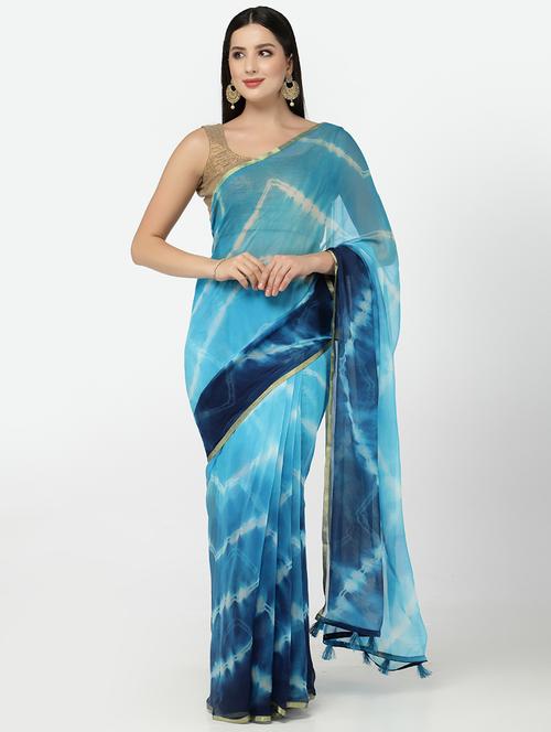 blue printed saree with blouse - 18382738 - Very Small Image - 1