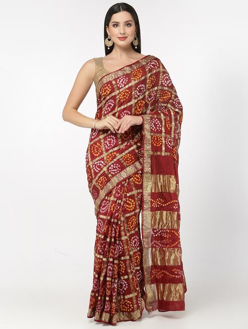 Maroon Bandhani Saree With Blouse - 18382746 - Very Small Image - 1