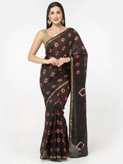 Black Bandhani Saree With Blouse - 18382755 - Very Small Image - 1
