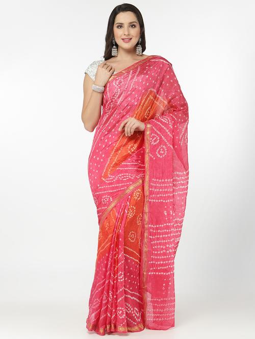 Pink Bandhani Saree With Blouse - 18382772 - Very Small Image - 1