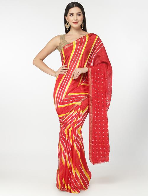 red bandhani saree with blouse - 18382775 - Very Small Image - 1