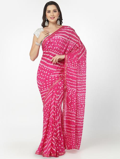 Pink Bandhani Saree With Blouse - 18382780 - Very Small Image - 1