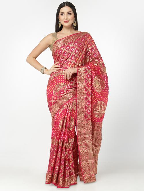 Red Bandhani Saree With Blouse - 18382781 - Very Small Image - 1