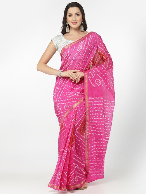 Pink Bandhani Saree With Blouse - 18382785 - Very Small Image - 1