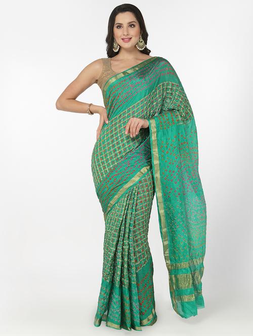 Green Bandhani Saree With Blouse - 18382791 - Very Small Image - 1