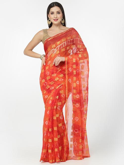 orange tie & dye saree with blouse - 18382806 - Very Small Image - 1