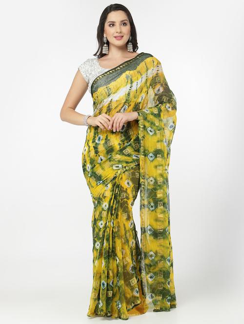 yellow tie & dye saree with blouse - 18382811 - Very Small Image - 1