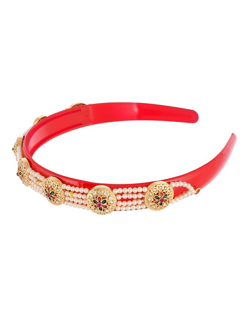 gold plated & red color beaded hair band - 18382919 - Standard Image - 2