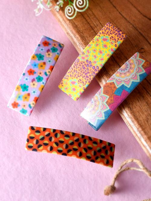 women set of 4 multi colored printed french barette - 18383516 - Very Small Image - 1