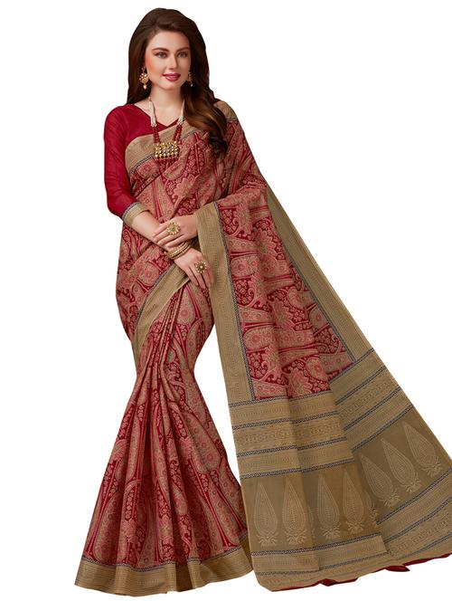 Maroon Cotton Printed Saree With Blouse - 18383655 - Very Small Image - 1