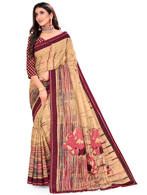 Beige Cotton Printed Saree With Blouse - 18383682 - Very Small Image - 1