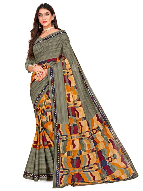 Grey Cotton Printed Saree With Blouse - 18383683 - Very Small Image - 1