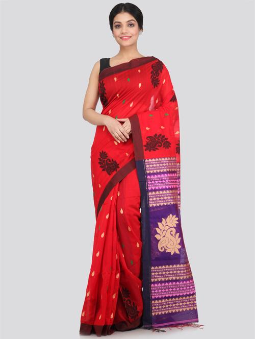 red cotton silk handloom saree with blouse - 18384546 - Very Small Image - 1