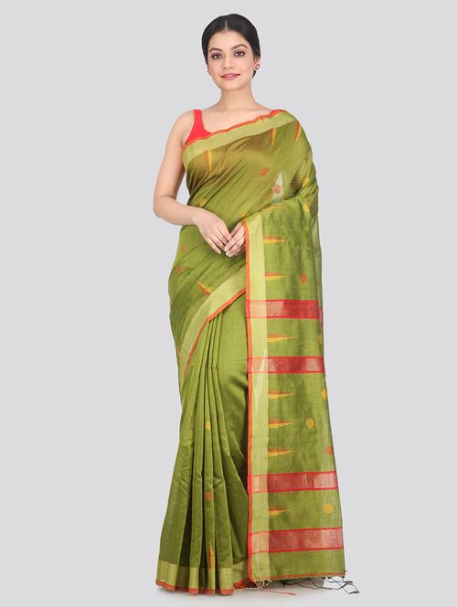 green cotton silk handloom saree with blouse - 18384601 - Very Small Image - 1