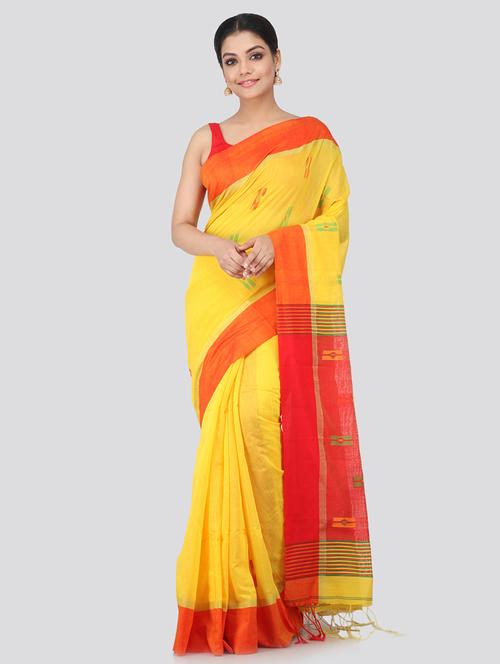 yellow cotton silk handloom saree with blouse - 18384657 - Very Small Image - 1