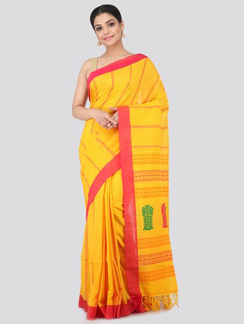 yellow cotton handloom saree with blouse - 18384673 - Very Small Image - 1