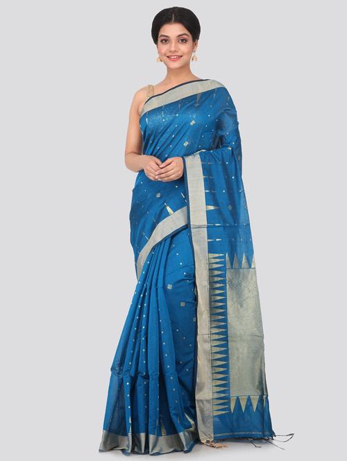 blue cotton silk handloom saree with blouse - 18384768 - Very Small Image - 1