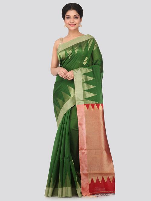 green cotton silk handloom saree with blouse - 18384774 - Very Small Image - 1