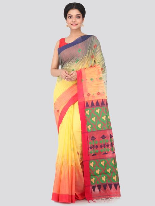yellow cotton silk handloom saree with blouse - 18384785 - Very Small Image - 1