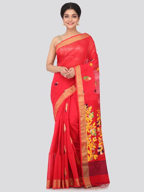 red cotton silk handloom saree with blouse - 18384790 - Very Small Image - 1