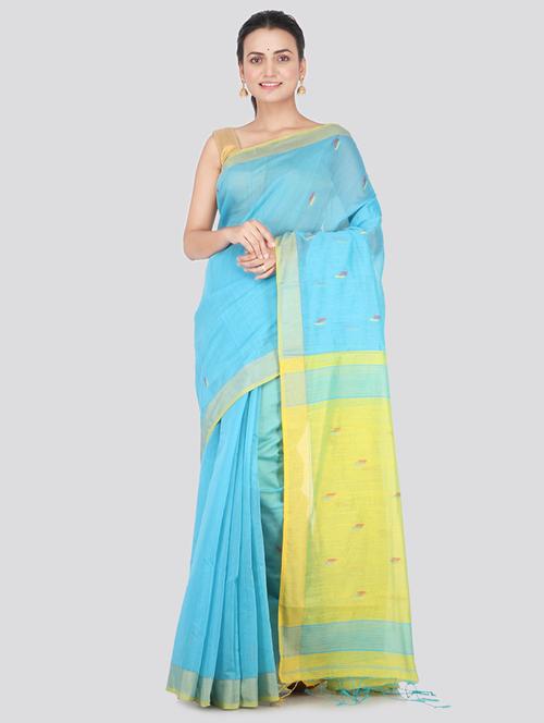 blue cotton silk handloom saree with blouse - 18384807 - Very Small Image - 1
