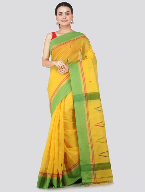 yellow cotton silk handloom saree with blouse - 18384810 - Very Small Image - 1