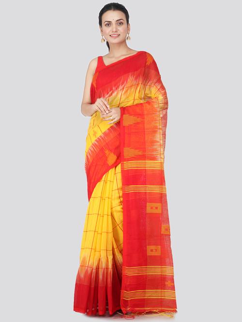 yellow cotton silk handloom saree with blouse - 18384811 - Very Small Image - 1