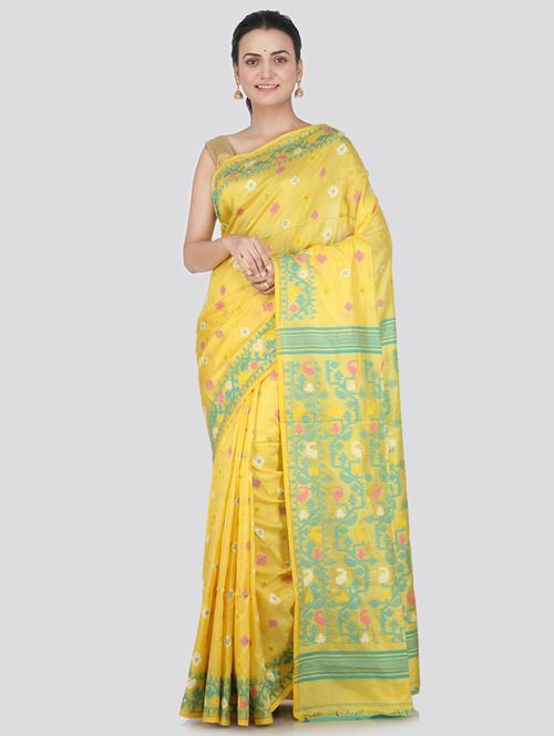 yellow silk jamdani saree with blouse - 18384838 - Very Small Image - 1