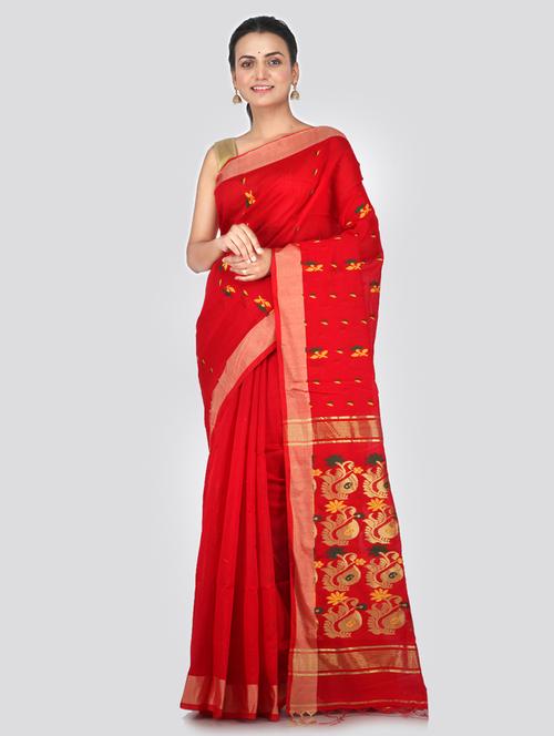 red cotton silk handloom saree - 18384848 - Very Small Image - 1