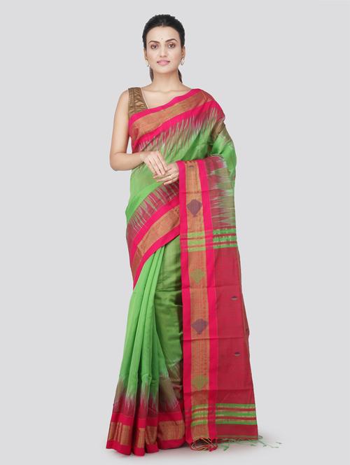 green cotton silk handloom saree with blouse - 18384947 - Very Small Image - 1