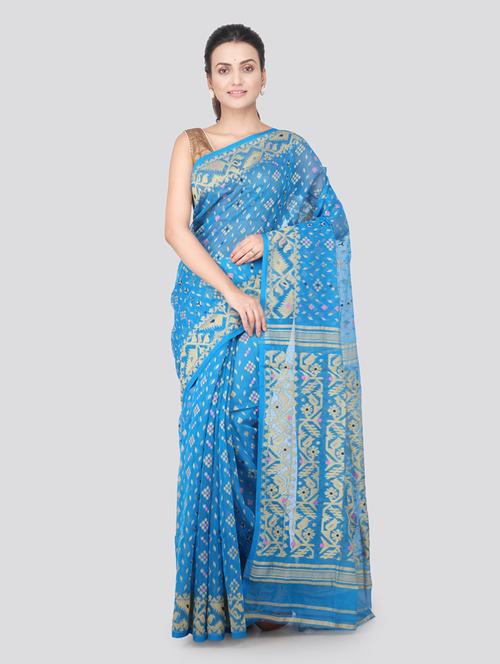 turquoise cotton handloom saree with blouse - 18384969 - Very Small Image - 1
