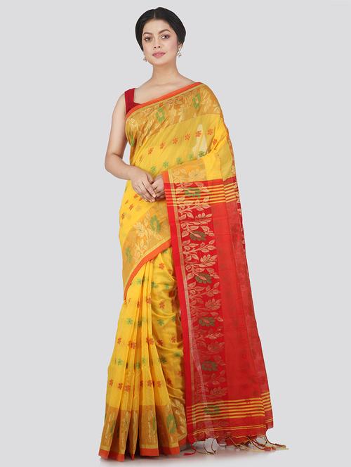 yellow cotton silk handloom saree with blouse - 18385010 - Very Small Image - 1