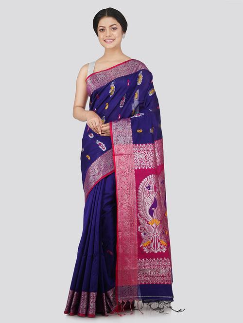 blue cotton silk handloom saree with blouse - 18385022 - Very Small Image - 1