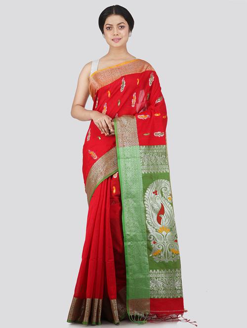 red cotton silk handloom saree with blouse - 18385023 - Very Small Image - 1