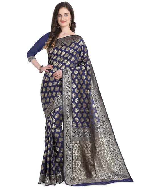 navy self design banrasi saree with blouse - 18385070 - Very Small Image - 1