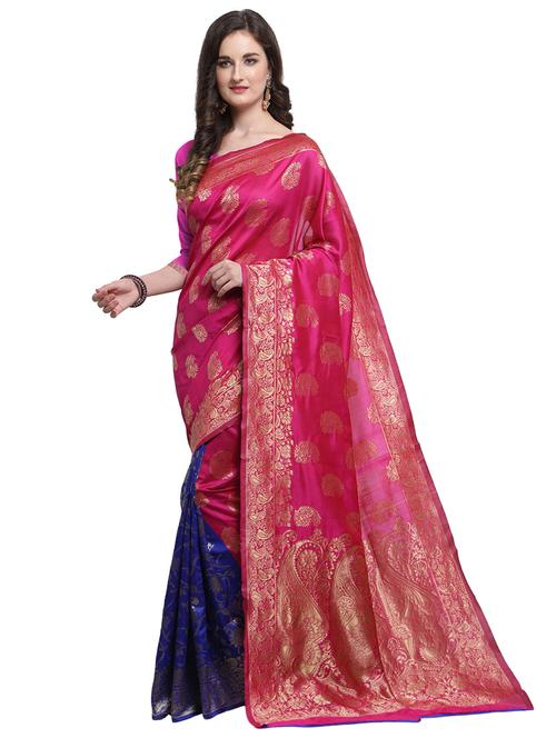 pink self design banrasi saree with blouse - 18385076 - Very Small Image - 1