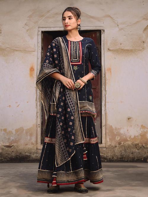 indigo chanderi kurta sharara  set - 18386098 - Very Small Image - 1