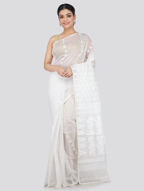 white cotton blend jamdani saree - 18387236 - Very Small Image - 1