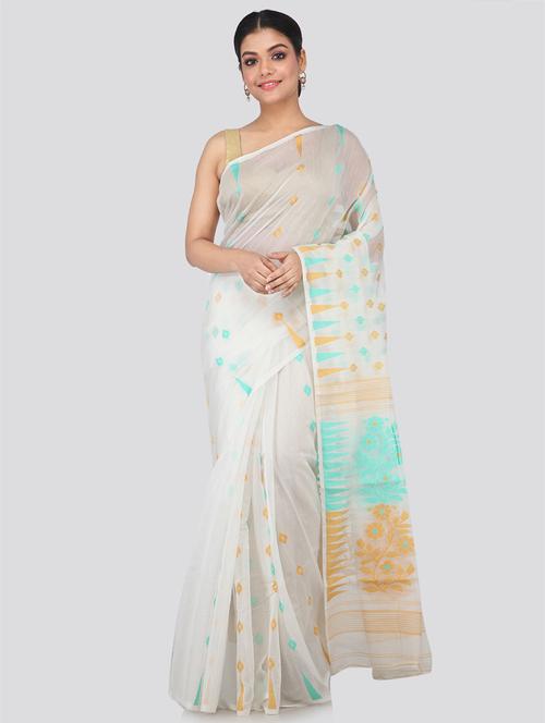 white cotton blend jamdani saree - 18387245 - Very Small Image - 1