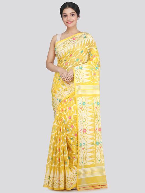 yellow cotton jamdani saree - 18387334 - Very Small Image - 1