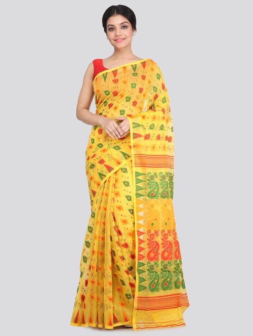 yellow cotton jamdani saree - 18387362 - Very Small Image - 1