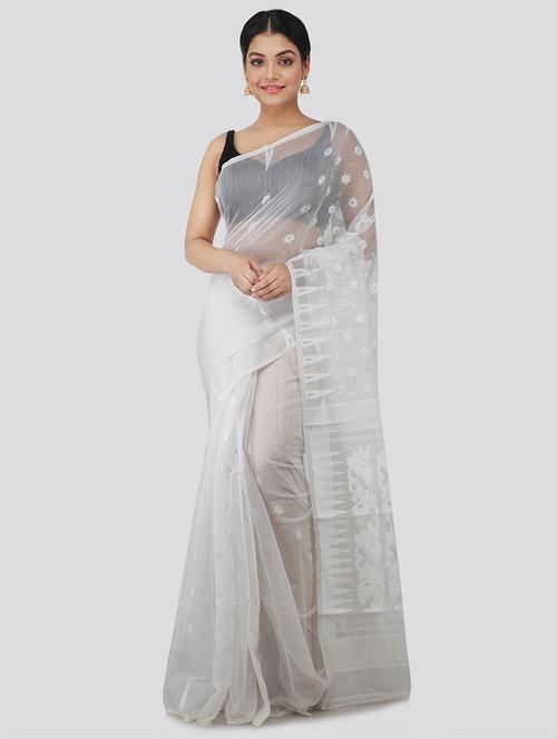 white cotton blend jamdani saree - 18387370 - Very Small Image - 1