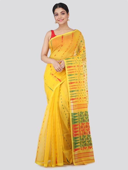 yellow cotton blend jamdani saree - 18387378 - Very Small Image - 1