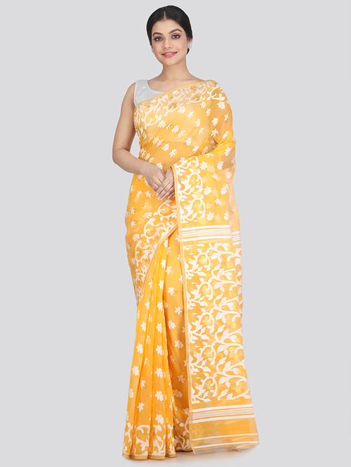 yellow cotton jamdani saree - 18387420 - Very Small Image - 1